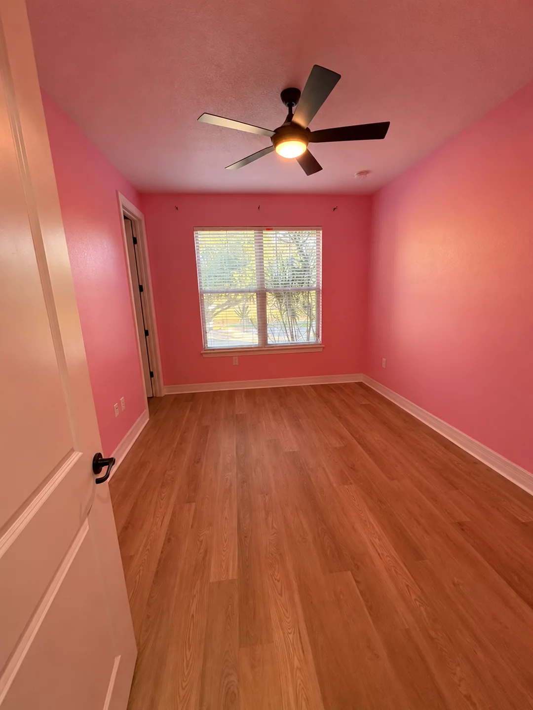 Colorful room with pink walls and white trim